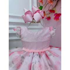 Vestido Infantil Bebê Rosa Florido de Rosas Busto Strass