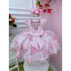 Vestido Infantil Bebê Rosa Florido de Rosas Busto Strass