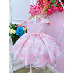 Vestido Infantil Bebê Rosa Florido de Rosas Busto Strass