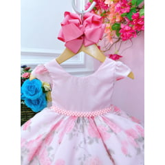 Vestido Infantil Bebê Rosa Florido de Rosas Busto Strass