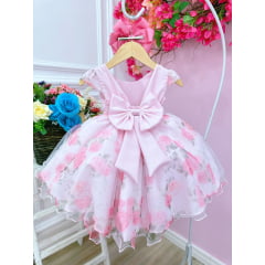 Vestido Infantil Bebê Rosa Florido de Rosas Busto Strass