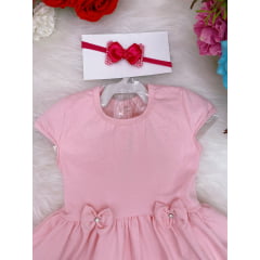 Vestido Infantil em Malha Rosa Laços C/ Calcinha
