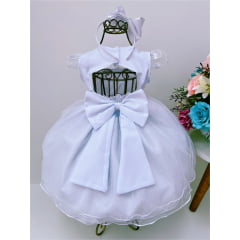 Vestido Infantil Branco Renda Florido Laço e Brilho