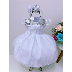 Vestido Infantil Branco Renda Florido Laço e Brilho
