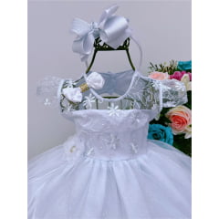 Vestido Infantil Branco Renda Florido Laço e Brilho