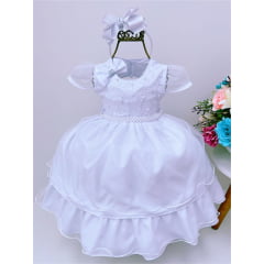 Vestido Infantil Branco Rendas Florido Cinto Pérola e Brilho