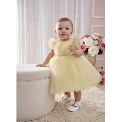 Vestido Bebê Amarelo Cinto de Pérolas Luxo Batizados