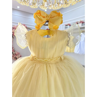 Vestido Bebê Amarelo Cinto de Pérolas Luxo Batizados