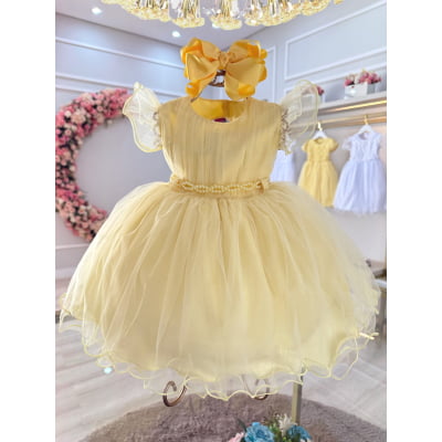 Vestido Bebê Amarelo Cinto de Pérolas Luxo Batizados