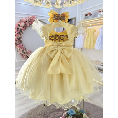 Vestido Bebê Amarelo Cinto de Pérolas Luxo Batizados