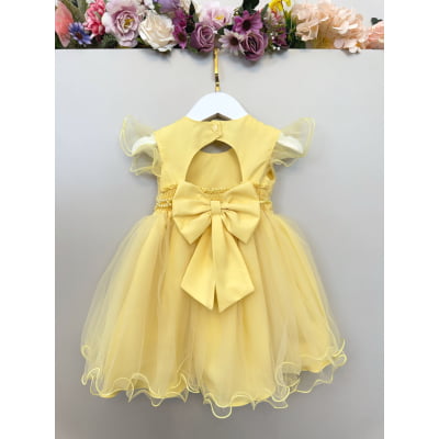 Vestido Bebê Amarelo Cinto de Pérolas Luxo Batizados