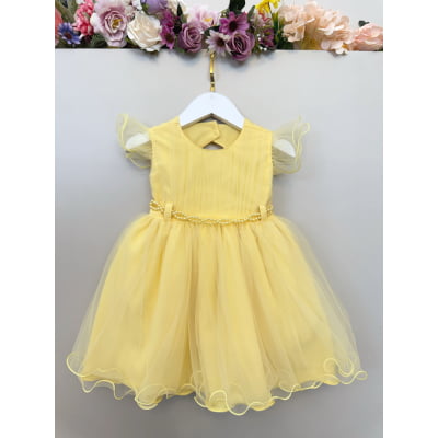 Vestido Bebê Amarelo Cinto de Pérolas Luxo Batizados