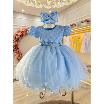 Vestido Bebê Azul Claro Busto Nervura Pérolas Batizados