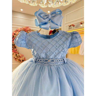 Vestido Bebê Azul Claro Busto Nervura Pérolas Batizados