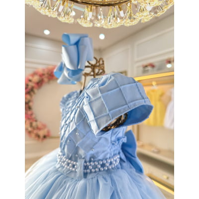 Vestido Bebê Azul Claro Busto Nervura Pérolas Batizados