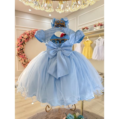 Vestido Bebê Azul Claro Busto Nervura Pérolas Batizados