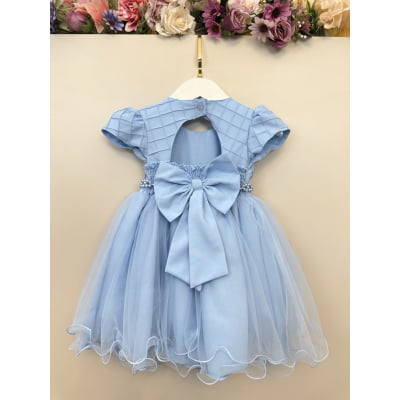 Vestido Bebê Azul Claro Busto Nervura Pérolas Batizados