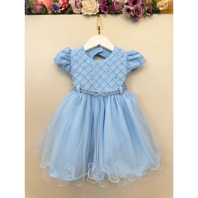 Vestido Bebê Azul Claro Busto Nervura Pérolas Batizados