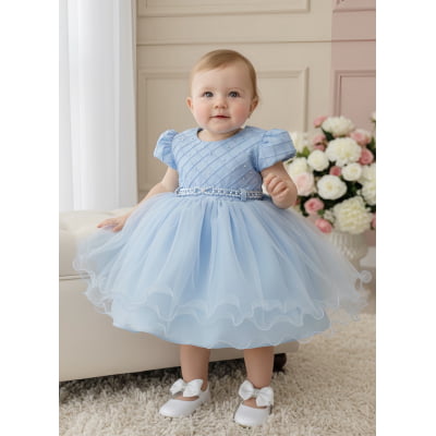 Vestido Bebê Azul Claro Busto Nervura Pérolas Batizados