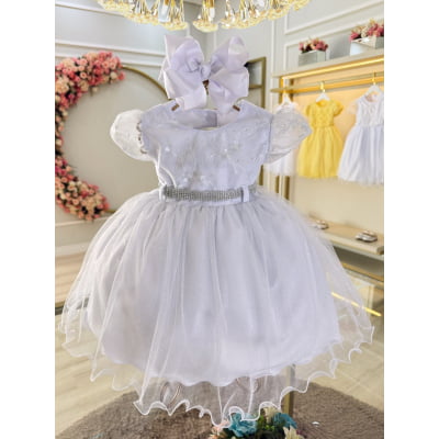 Vestido Bebê Branco C/ Busto Renda e Strass Batizados