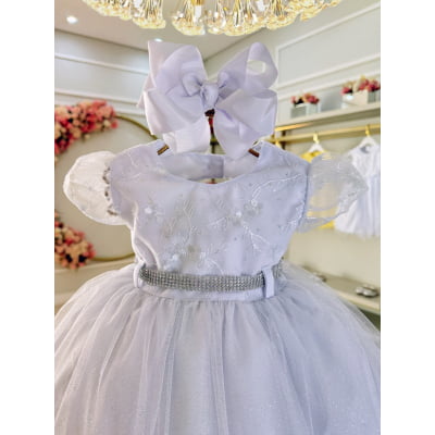 Vestido Bebê Branco C/ Busto Renda e Strass Batizados