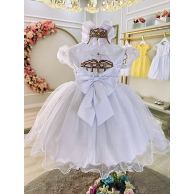 Vestido Bebê Branco C/ Busto Renda e Strass Batizados