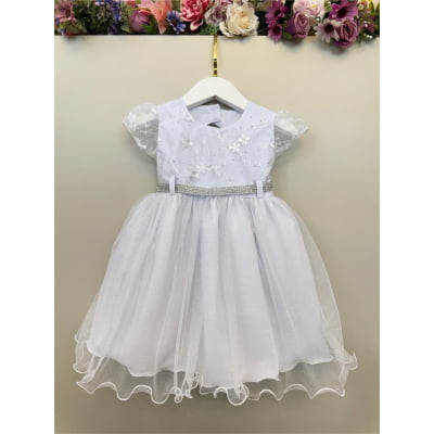 Vestido Bebê Branco C/ Busto Renda e Strass Batizados