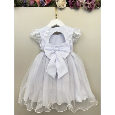 Vestido Bebê Branco C/ Busto Renda e Strass Batizados