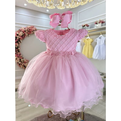 Vestido Bebê Rosa C/ Busto Nervura e Apliques Batizados