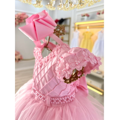 Vestido Bebê Rosa C/ Busto Nervura e Apliques Batizados