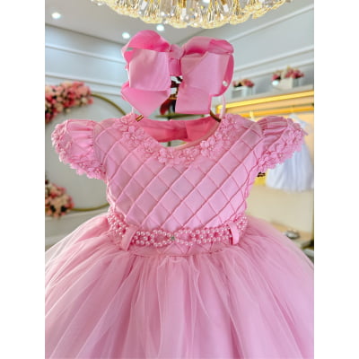 Vestido Bebê Rosa C/ Busto Nervura e Apliques Batizados