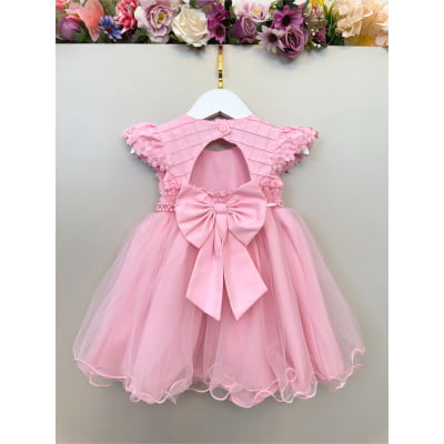 Vestido Bebê Rosa C/ Busto Nervura e Apliques Batizados