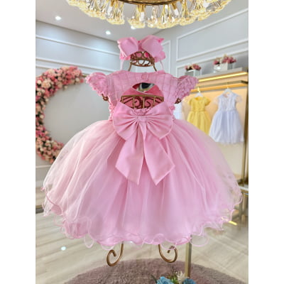Vestido Bebê Rosa C/ Busto Nervura e Apliques Batizados