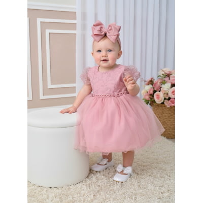 Vestido Bebê Rose Busto Renda e Strass Luxo Batizados