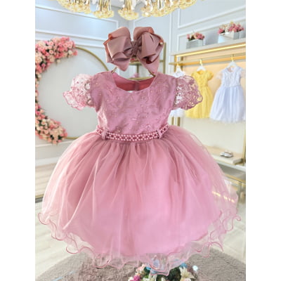 Vestido Bebê Rose Busto Renda e Strass Luxo Batizados