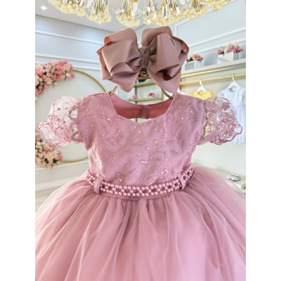 Vestido Bebê Rose Busto Renda e Strass Luxo Batizados