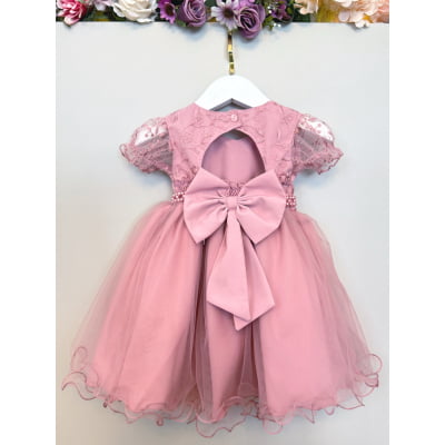 Vestido Bebê Rose Busto Renda e Strass Luxo Batizados
