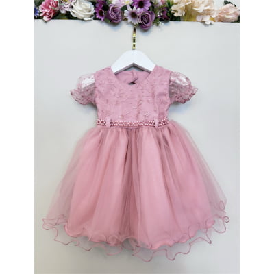 Vestido Bebê Rose Busto Renda e Strass Luxo Batizados