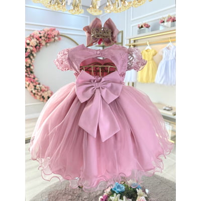 Vestido Bebê Rose Busto Renda e Strass Luxo Batizados