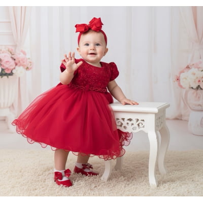 Vestido Bebê Vermelho Busto Com Strass Batizados