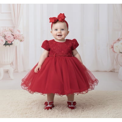 Vestido Bebê Vermelho Busto Com Strass Batizados