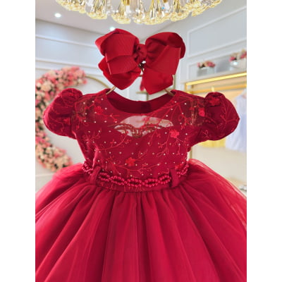 Vestido Bebê Vermelho Busto Com Strass Batizados