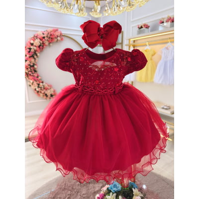 Vestido Bebê Vermelho Busto Com Strass Batizados
