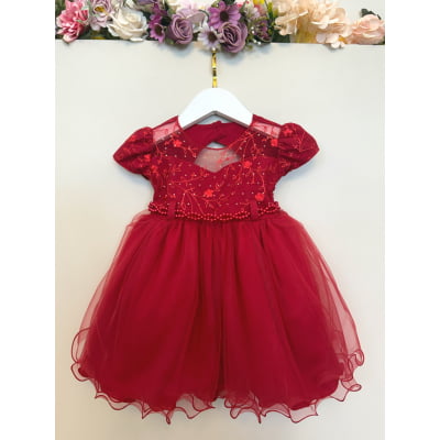 Vestido Bebê Vermelho Busto Com Strass Batizados