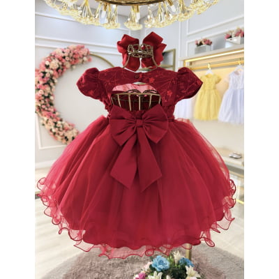 Vestido Bebê Vermelho Busto Com Strass Batizados