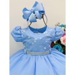 Vestido Infantil Azul Babados Renda Cinto de Strass