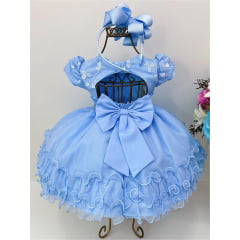 Vestido Infantil Azul Babados Renda Cinto de Strass