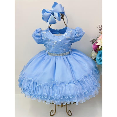 Vestido Infantil Azul Babados Renda Cinto de Strass