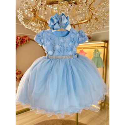 Vestido Infantil Azul Busto Com Renda e Pérolas Batizados