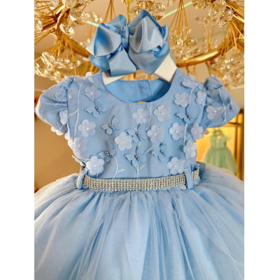 Vestido Infantil Azul Busto Com Renda e Pérolas Batizados